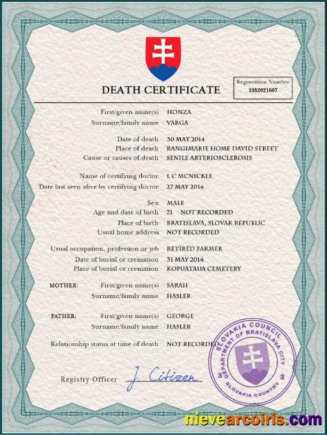 Slovakia vital record death certificate